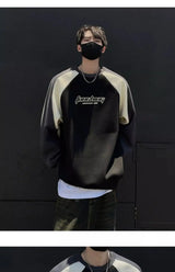 Trendy Personality Korean Motorcycle Style Round Neck Sweatshirt Men 2024 Spring Autumn Niche Contrasting Color Pullover Hot Top