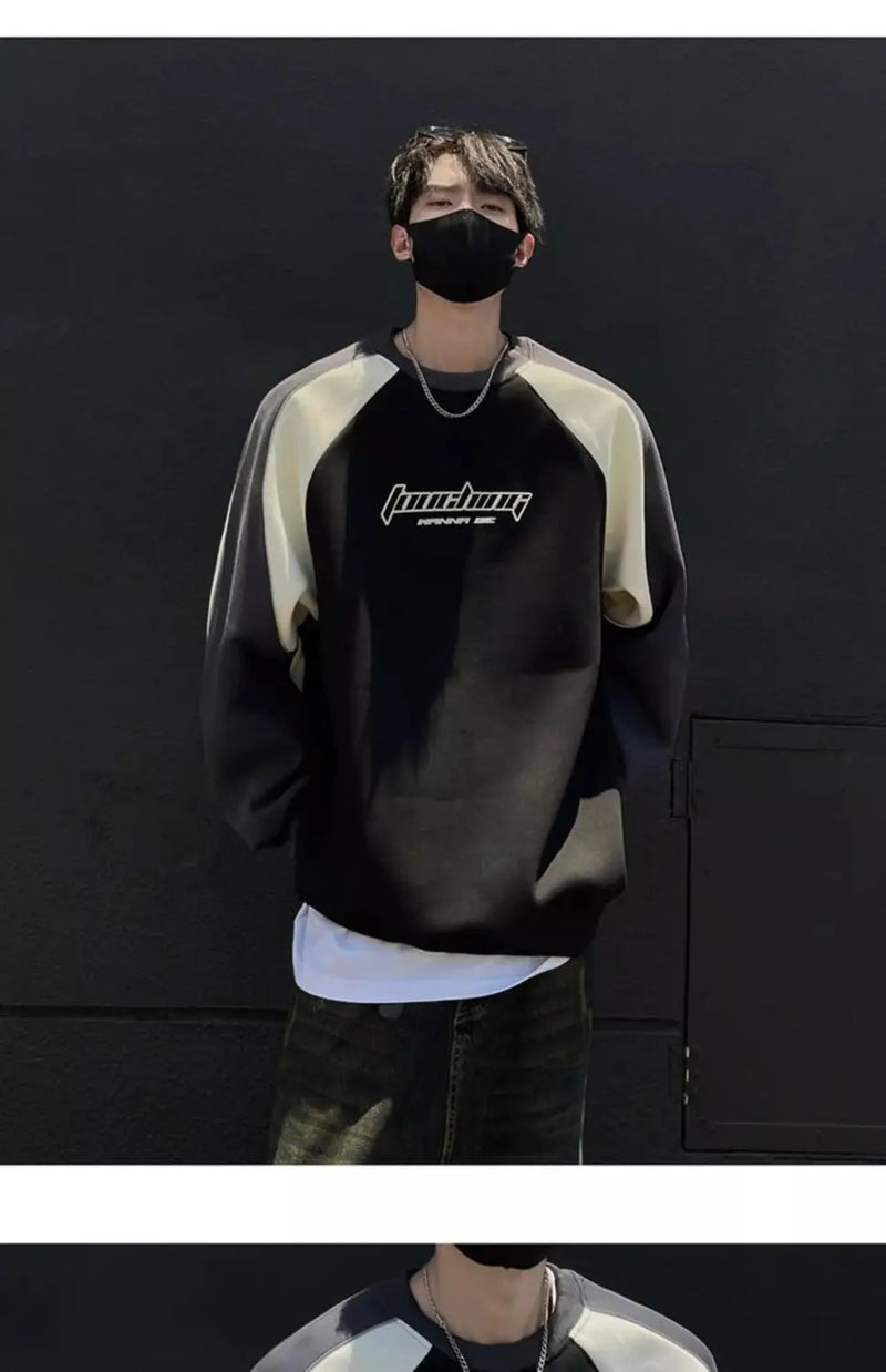 Trendy Personality Korean Motorcycle Style Round Neck Sweatshirt Men 2024 Spring Autumn Niche Contrasting Color Pullover Hot Top