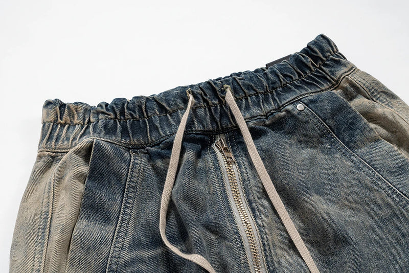 RO Style Gradient Ribbons Multi-pockets Drawstring Jeans for Men Harajuku Streetwear Baggy Y2K Denim Trousers Oversized Cargos