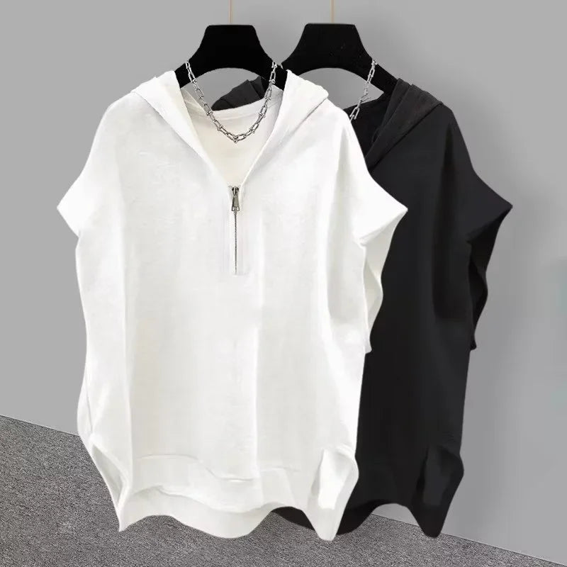 Glitchcore Barcode glitch – Summer Zipper Hooded Sleeveless T Shirt Mens Korean Fashion