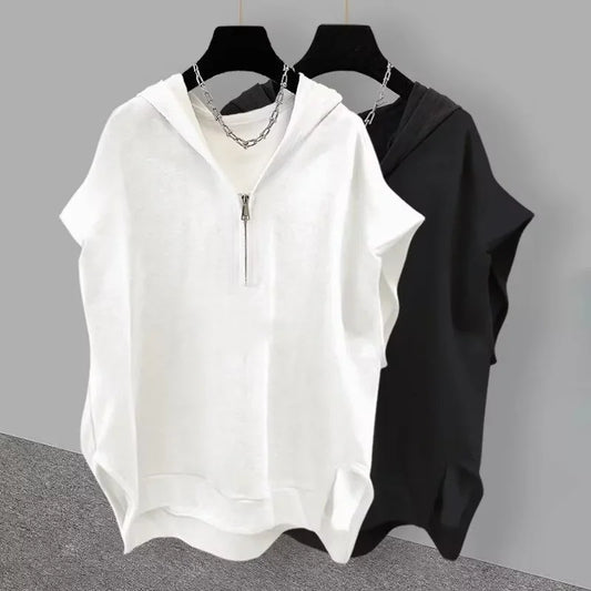 Glitchcore Barcode glitch – Summer Zipper Hooded Sleeveless T Shirt Mens Korean Fashion