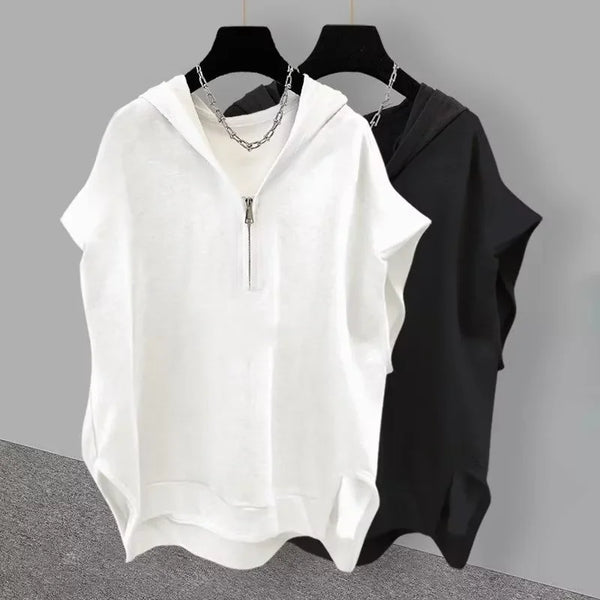 Glitchcore Barcode glitch – Summer Zipper Hooded Sleeveless T Shirt Mens Korean Fashion