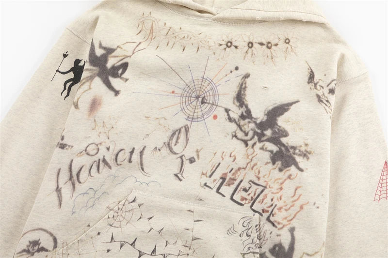 Vintage High Quality Hand Painted Graffiti Printed Washed Fleece Hoodi