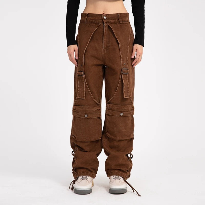 2023 cool design bandage pockets vintage brown baggy men cargo jeans pants y2k hip hop women cotton long trousers pantaloni uomo unique cargo style 1859