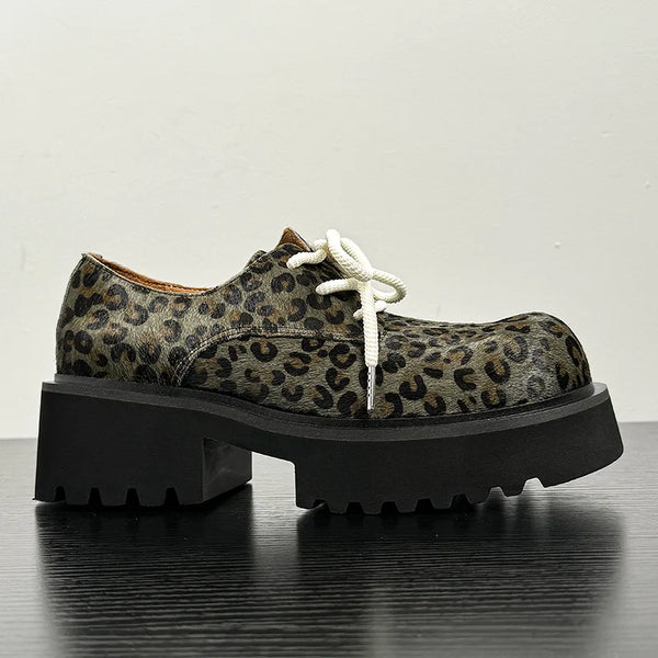 Men Leopard Genuine Leather Streetwear Fashion Casual Retro Derby Shoes Cityboy Cow Leather Height Increasing Shoes Loafers Man