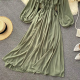 Chic Elegant Square Collar Maxi Dress Women Solid Chiffon Puff Sleeve Dresses 2023 Korean Fashion Vintage Ruffle Vestidos