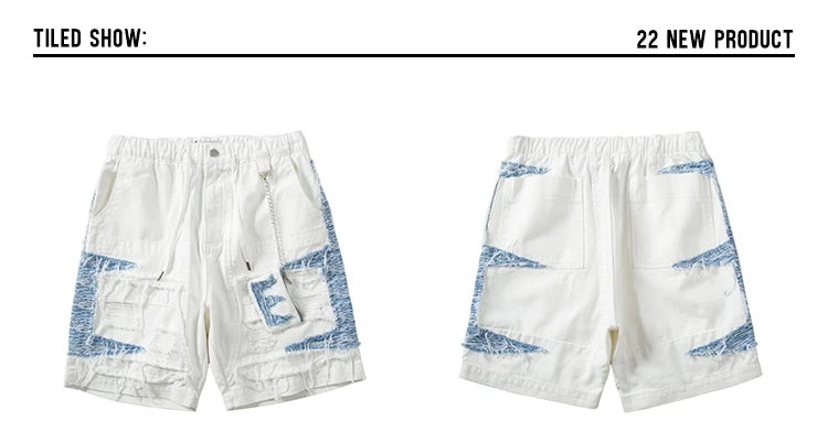 Mens High Street Denim Jean Shorts Casual Loose Destroyed Ripped Holes Loose Shorts Patchwork Hip Hop Streetwear Short Joggers