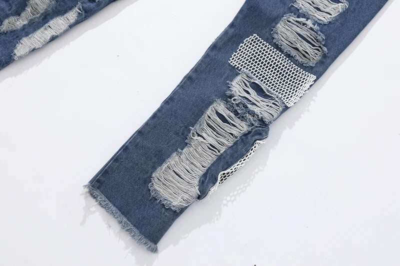 distressed skinny flared micro flare jean for mens mesh big destroyed ripped denim jeans hip hop biker jeans pants male unique jeans style 1335