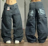 street popular gothic print spot jeans men y2k new harajuku casual loose straight wide leg pants couple joker punk denim trouser unique jeans style 2768