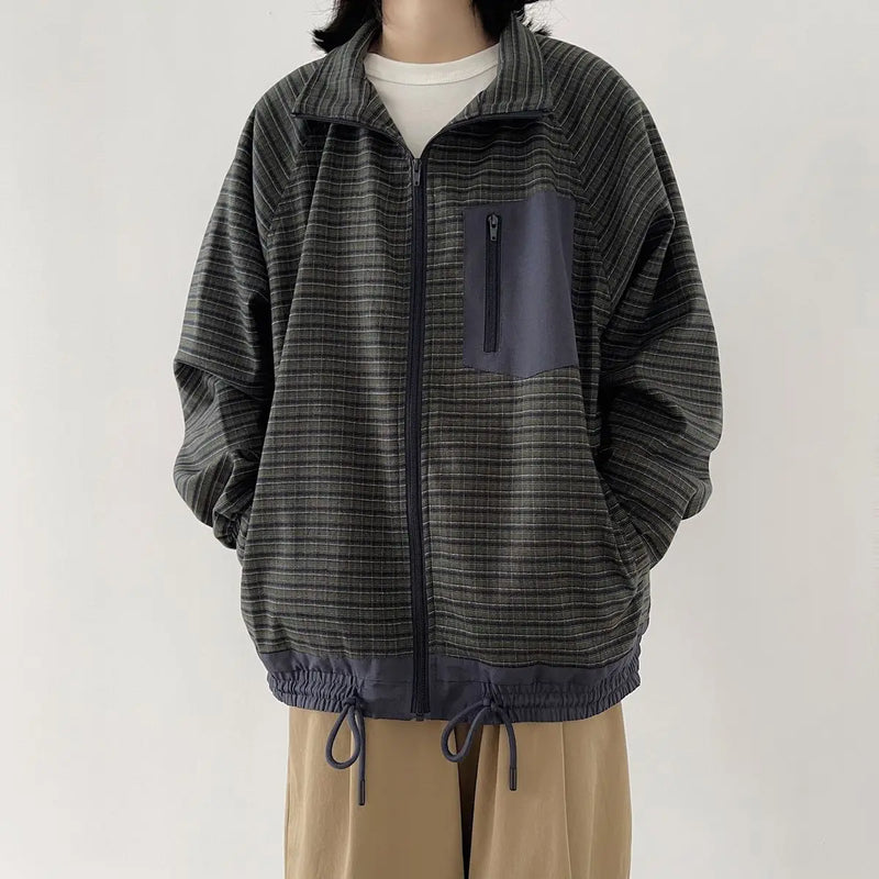 Autumn Japanese Retro Loose Casual Stand Up Collar Checked Jacket Mens