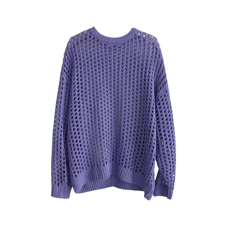 Casual Pullovers Hollow Out Outfits Fishnet Smock Tops Men Fashion Loose Long Sleeve See-though Knit Shirts Y2k Sexy Holes Shirt