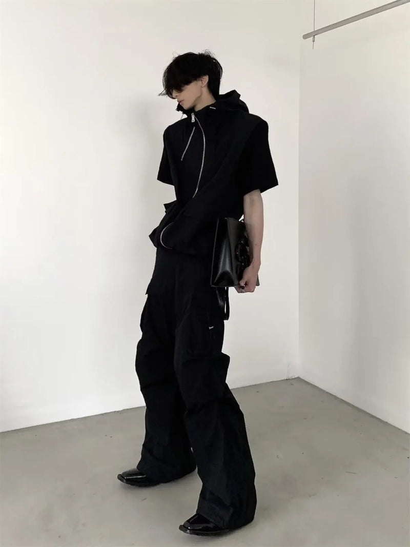 summer sleeveless set men women multi pocket hooded vest jogging cargo pant spring loose casual zipper two piece suit street unique cargo style 446