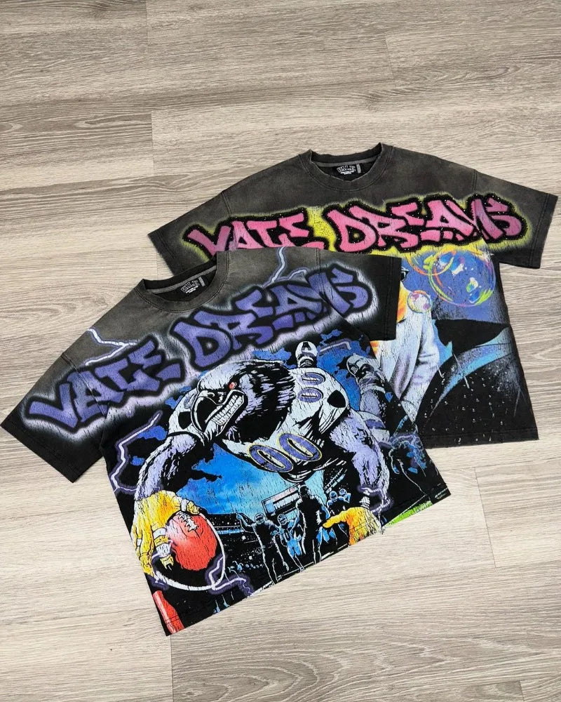 Gothic Aesthetic print tee – European And American Street New Style Washed Retro Anime Pr