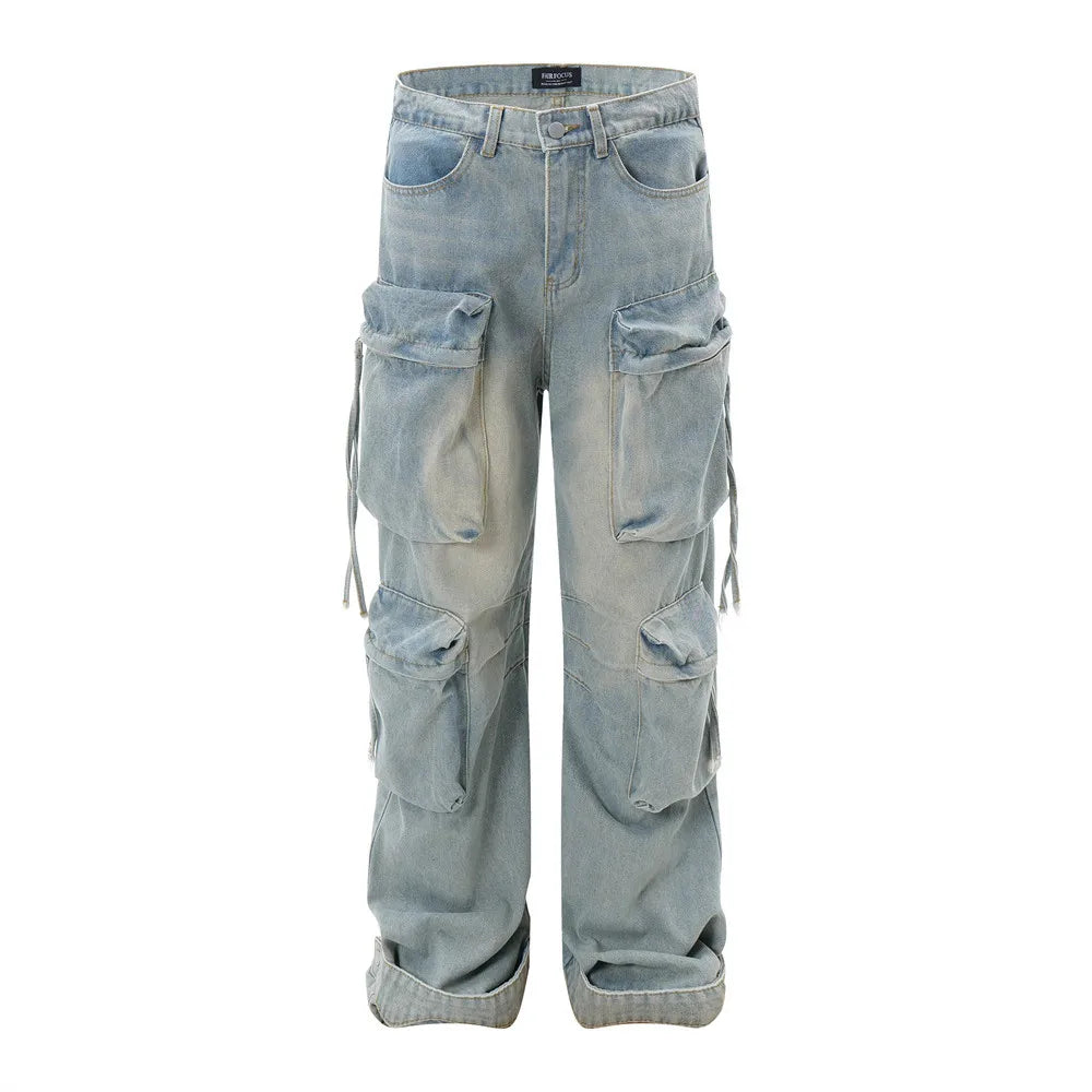 vintage multi pocket baggy jeans mens harajuku cargo denim pants retro hip hop straight loose jean pants men clothing unique cargo style 1073