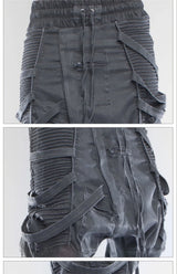 vintage motorcycle trousers joggers mens asymmetric straped pleated cross pants function elastic waist trousers unique joggers style 4607