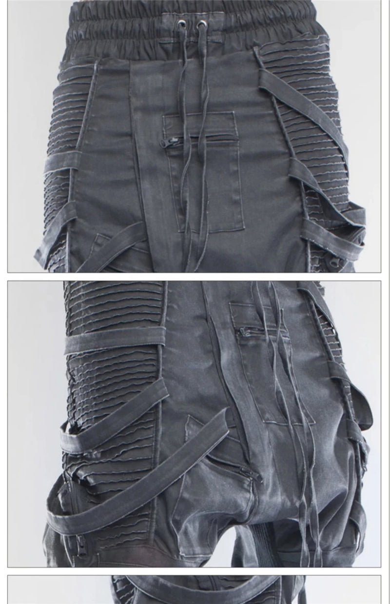 vintage motorcycle trousers joggers mens asymmetric straped pleated cross pants function elastic waist trousers unique joggers style 4607