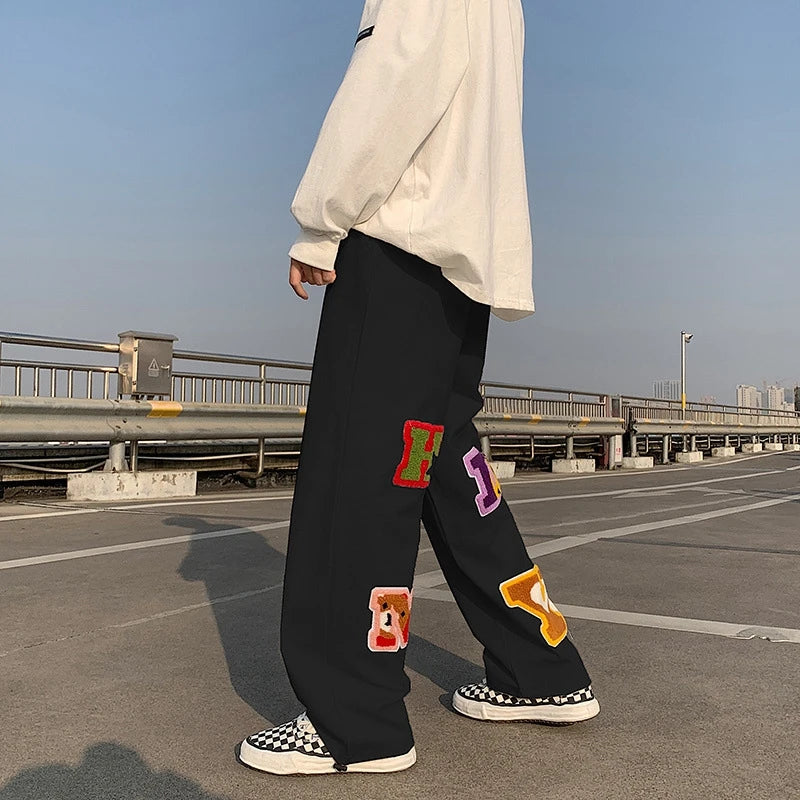 preppy style letter embroidery straight men baggy tracksuit pants y2k clothes sweatpants male drawstring casual long trousers urban active pants