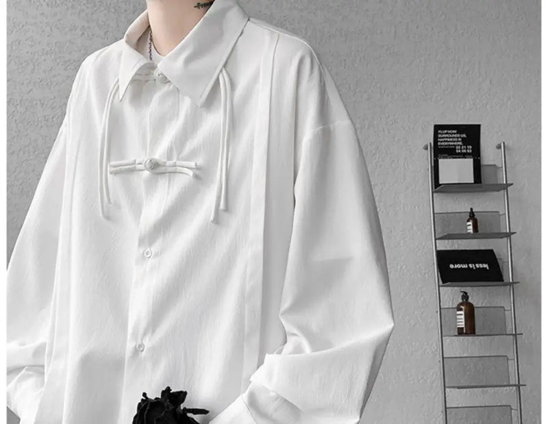 Shirts for men spring and autumn style national fashion design loose and versatile large size outer wear lapel long sleeved tops