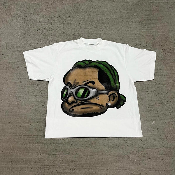 y2k vaporwave tee with manga-style block print and neon blur