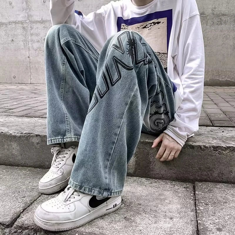 2023 new fashion letter graffiti brown hip hop men baggy jeans pants y2k clothes straight vintage denim trousers pantalon homme unique jeans style 5807