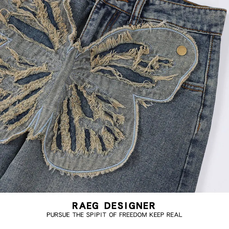 butterfly patches embroidered washed straight vintage baggy fitting jeans for men high street distressed jeans pants women unique jeans style 4478