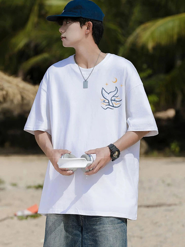 Skatercore Vintage anime – Kawaii Whale Tail Print T Shirt Men Hip Hop Fashion Cotton G