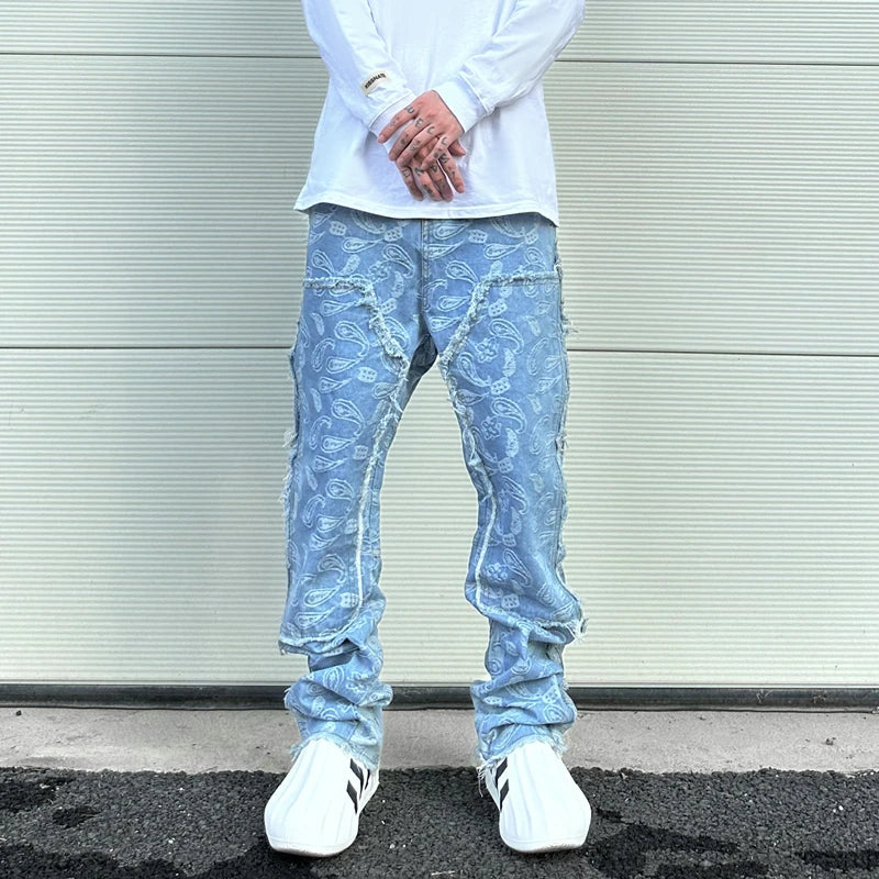 men distressed ripped patchwork paisley denim jean trouser fashion zipper biker jeans streetwear flare pants loose joggers jeans unique joggers style 5025