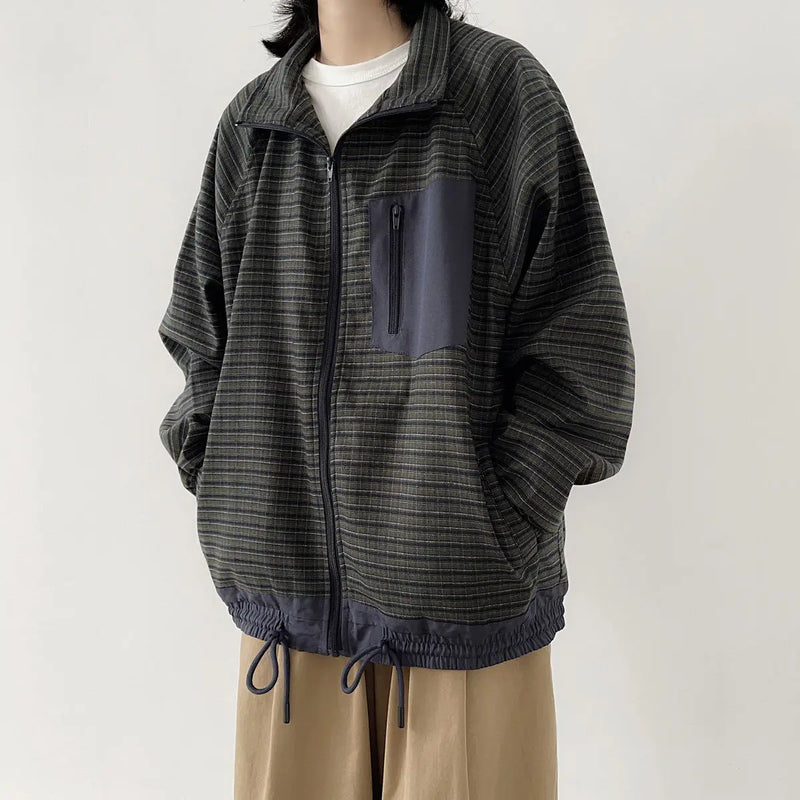 Autumn Japanese Retro Loose Casual Stand Up Collar Checked Jacket Mens