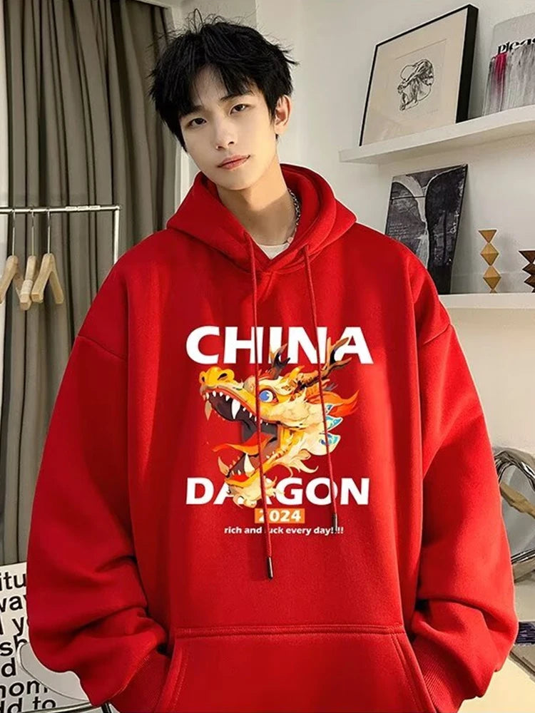 2024 New China Dragon Graphic Hoodies Men Hip Hop Streetwear Hoodie