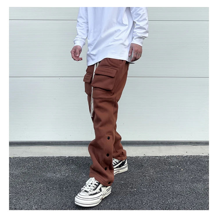mens high street loose fit elastic waist pants winter warm fleece pants bottons hip hop drawstring sportwear sweatpants joggers unique joggers style 3055