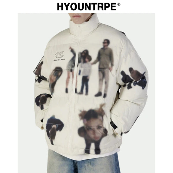 Hip Hop Jacket Parka Human Graffiti Print Men Winter Windbreaker Streetwear Harajuku Padded Jacket Coat Warm Outwear Hipster New