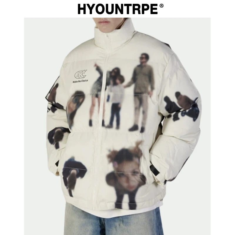 Hip Hop Jacket Parka Human Graffiti Print Men Winter Windbreaker Streetwear Harajuku Padded Jacket Coat Warm Outwear Hipster New