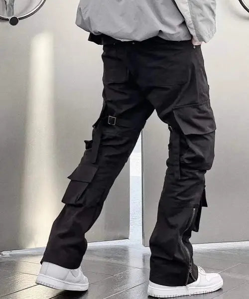 high street multi pockets tooling pants men army green cargo pants hip hop mopping trousers with band unique cargo style 205