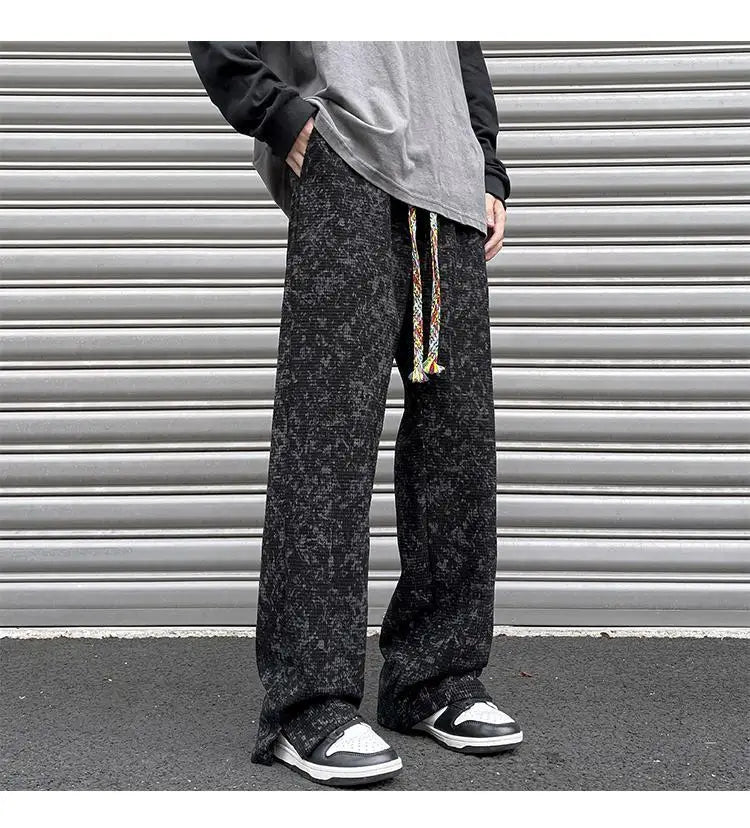 korean style waffle tie dye casual pants high street vibe pants men trendy brand colorful drawstring side slit straight trousers unique default style 2109