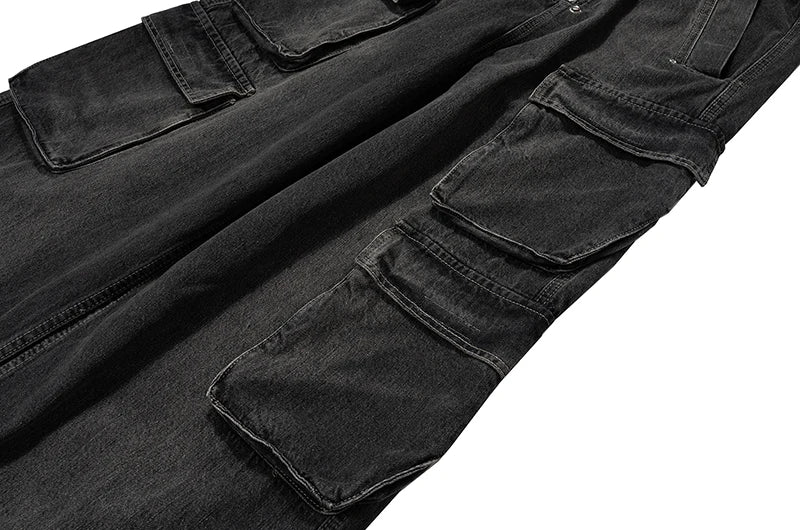 ro style ribbons wide leg multi pockets smoke grey baggy jeans for men straight pantalones hombre drawstring denim trousers unique jeans style 1209