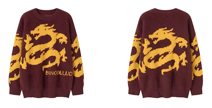 hip hop knitted sweater men winter o neck anime chinese dragon pattern pullover streetwear casual loose sweater jumper knitwear urban wear with bold artwork, unique limited edition hoodie, trendy hip hop style outerwear