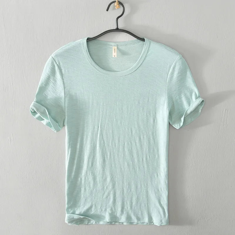 Summer Short Sleeved Men'S Thin Section Casual All Match Loose Cotton Breathable Round Neck Solid Color Bottoming Shirt