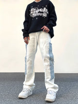 irregular sewing scratched patchwork denim jeans men casual straight biker zipper trousers streetwear hip hop jean pants joggers sporty tapered joggers