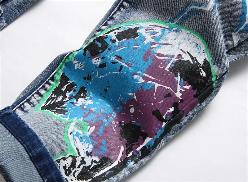 fashion skull graffiti jeans lightning printed denim pants mens distressed biker jeans streetwear slim hip hop pants joggers unique joggers style 352