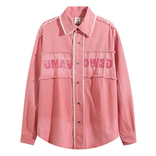 Oversized Streetwear Shirt – Vintage Letter Printed Denim Shirts Tassel Patchwork Oversized Shirt Men Long Sleeve Loose Shirts Button Up Blouse Y2K Clothing | Button Shirt Drop #254