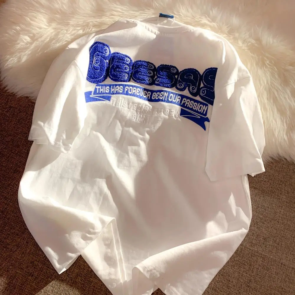 Harajuku Oversized Shirt – Retro Klein Blue Flocking Embroidery T Shirts Fashion Preppy – Modern Streetwear for Everyone