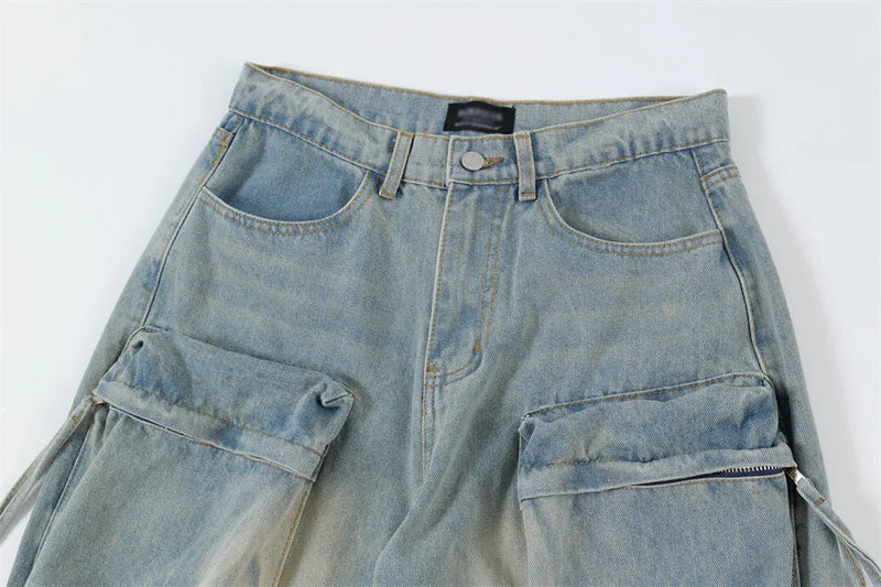 vintage multi pocket baggy jeans mens harajuku cargo denim pants retro hip hop straight loose jean pants men clothing unique cargo style 1080