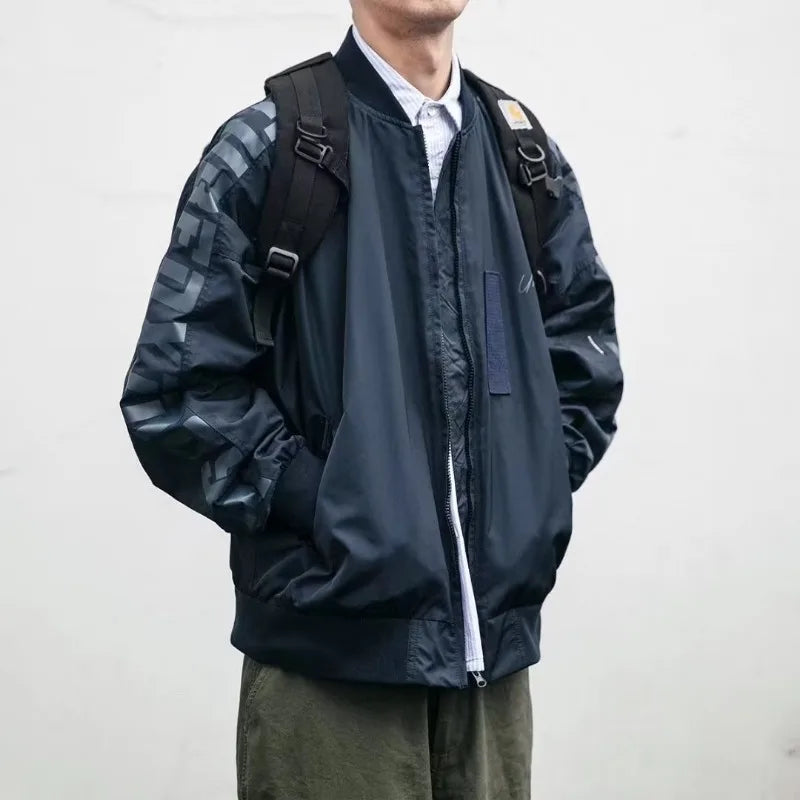 retro baseball bomber, daily drip outerwear, casual outfit