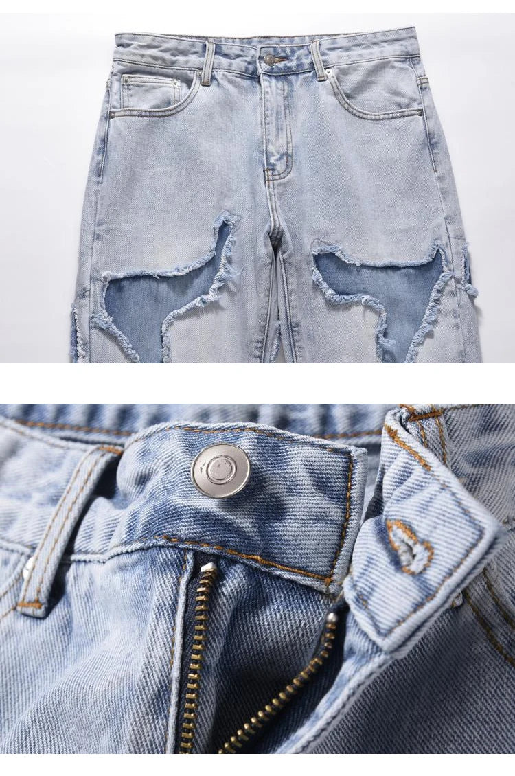 ripped irregular patchwork design denim jeans men casual zipper biker trousers jeans fashion streetwear hip hop pants joggers unique joggers style 3635
