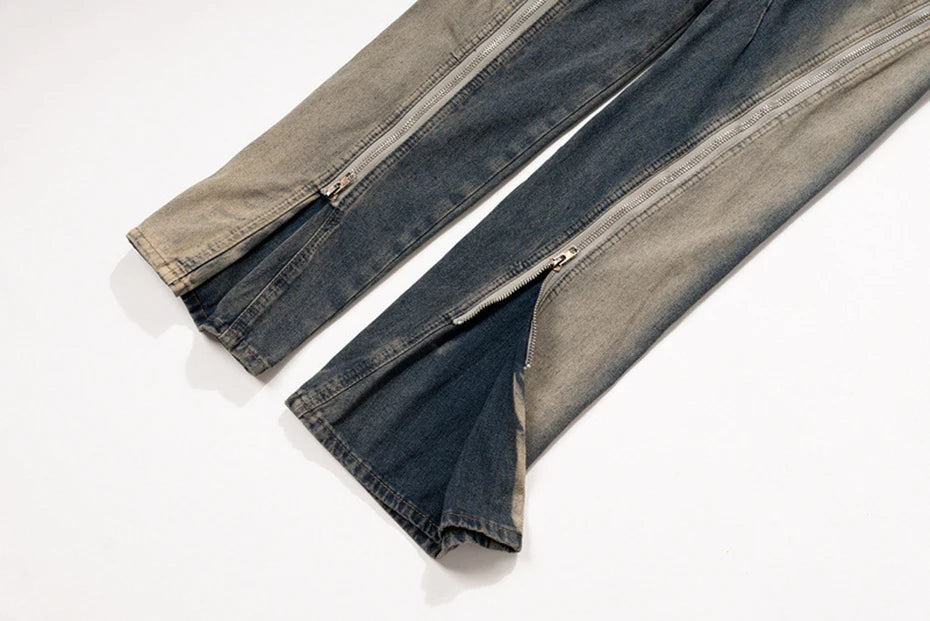 ro style men jeans double zipper blue flared denim pants luxury designer male streetwear hip hop blue baggy jeans trousers y2k unique jeans style 1040
