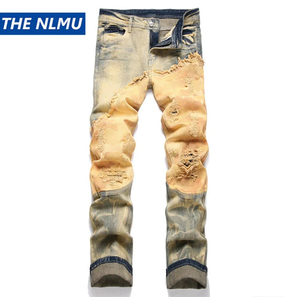 men fashion slim ripped jeans color block patchwork trend denim pants streetwear hip hop jeans trousers for male urban skinny jeans
