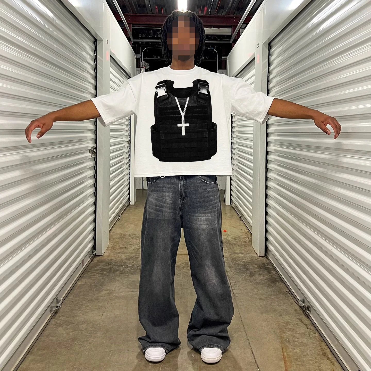 sadcore hip hop shirt with layered comic panels and glitch burn