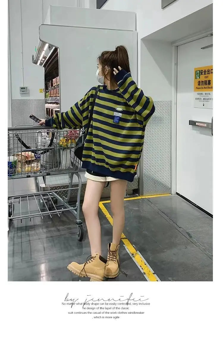 Original Korean New Style Loose Striped Sweatshirt American Harajuku C
