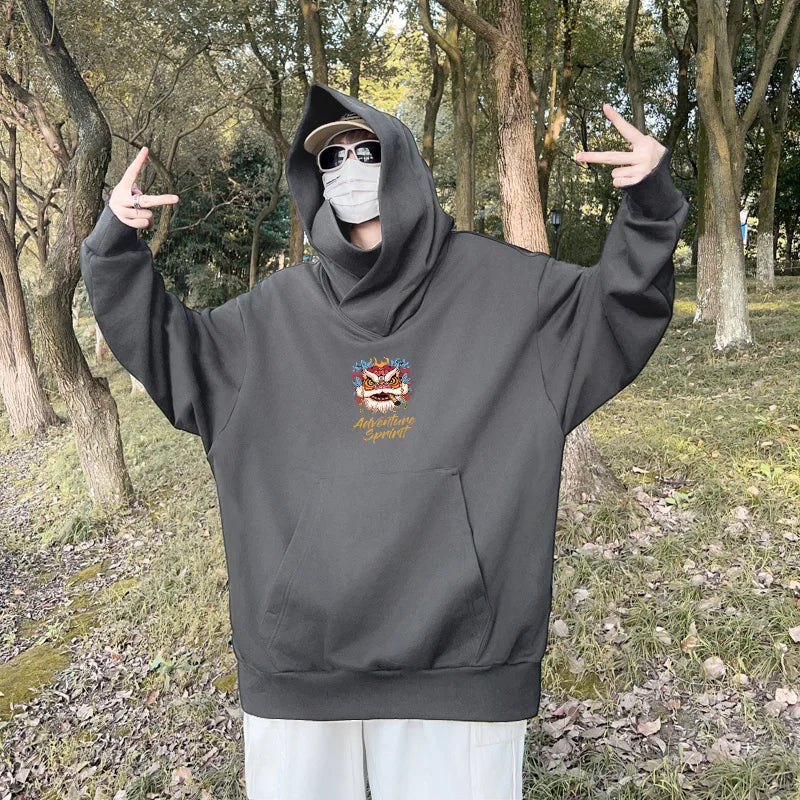 Autumn Lion Dance Graphic Ninja Hoodie Men Fleece Pocket Turtleneck Ov