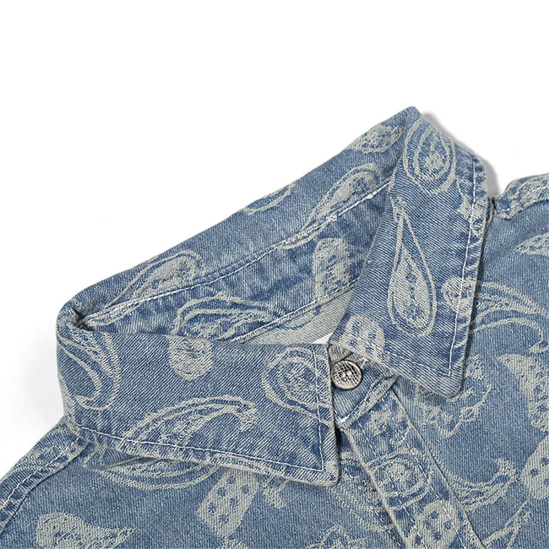 New 2022 Men luxurious Paisley West Coast CRIPS Bloods Fashion Denim Casual Shirts Shirt high Pocket Short-sleeves S 2XL #A630